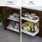 Vergelijking van keukenkasten voor en na installatie van Clerby schuiflades