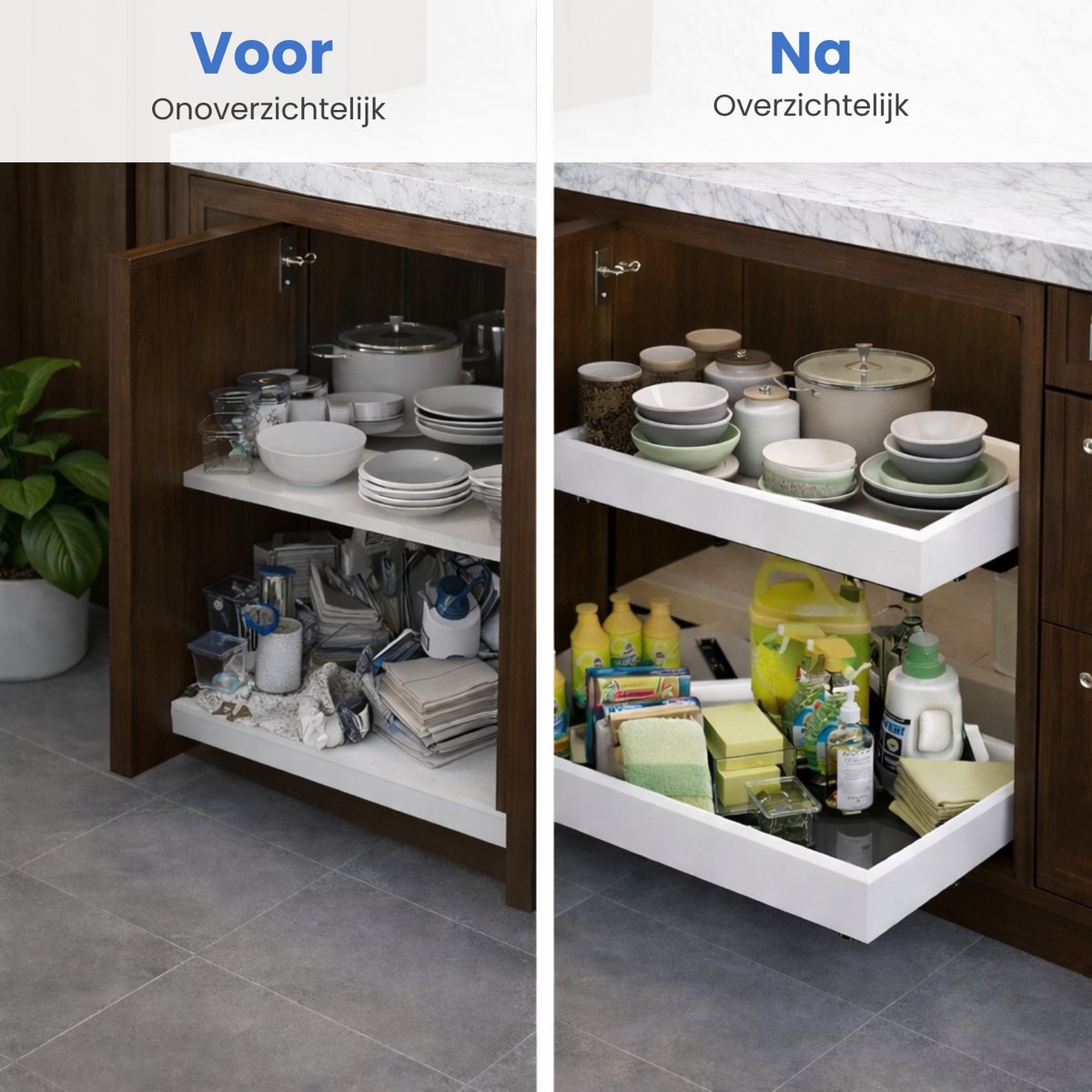 Vergelijking van keukenkasten voor en na installatie van Clerby schuiflades