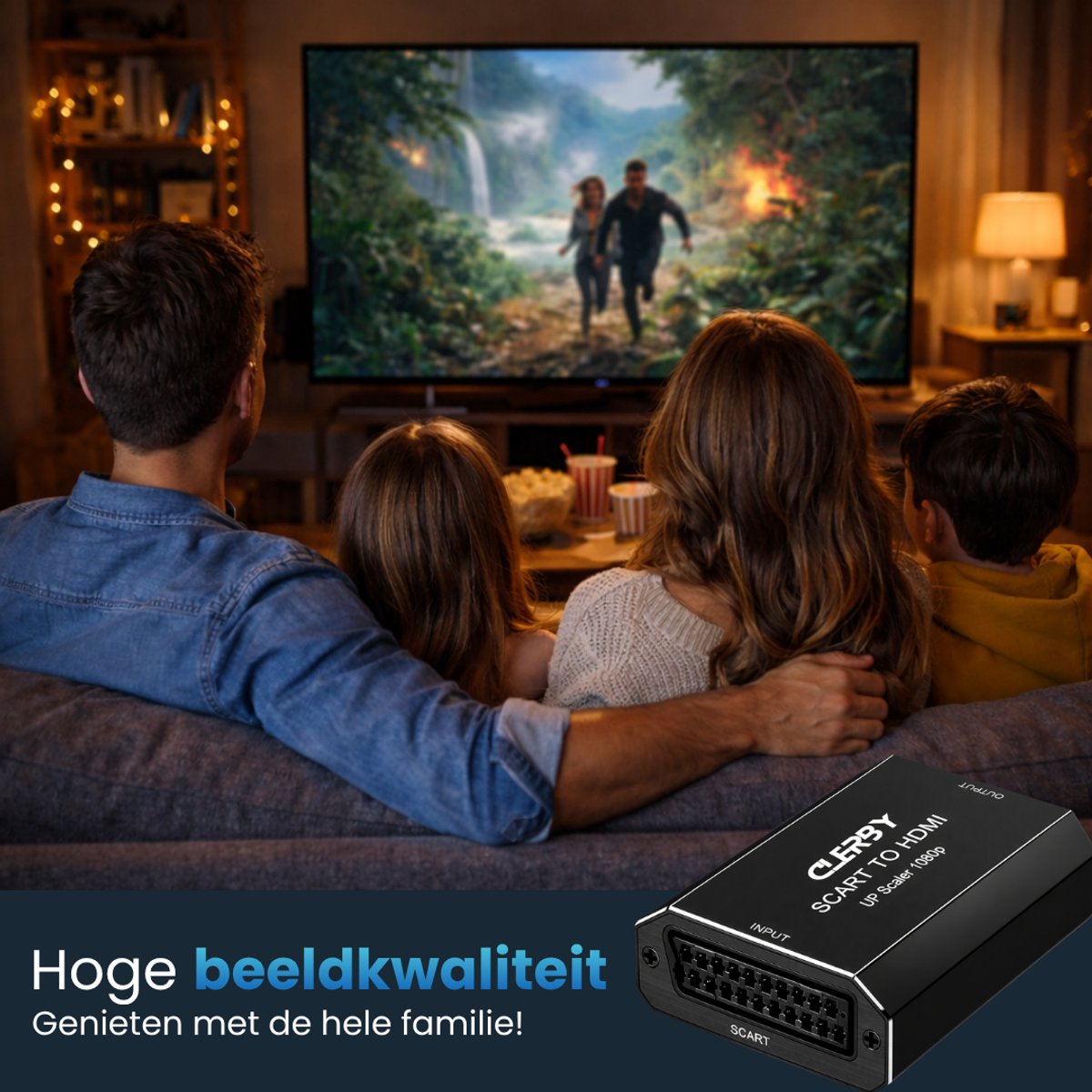 Een familie kijkt naar een waterval op een grote tv, met de Clerby SCART naar HDMI adapter in beeld.