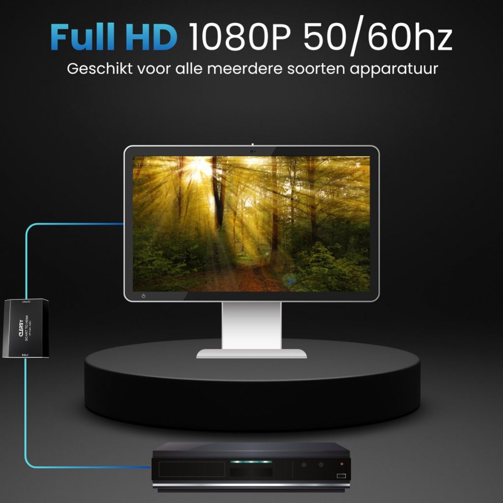 Een settopbox is aangesloten op een adapter, die is verbonden met een monitor met een boslandschap met zonlicht.