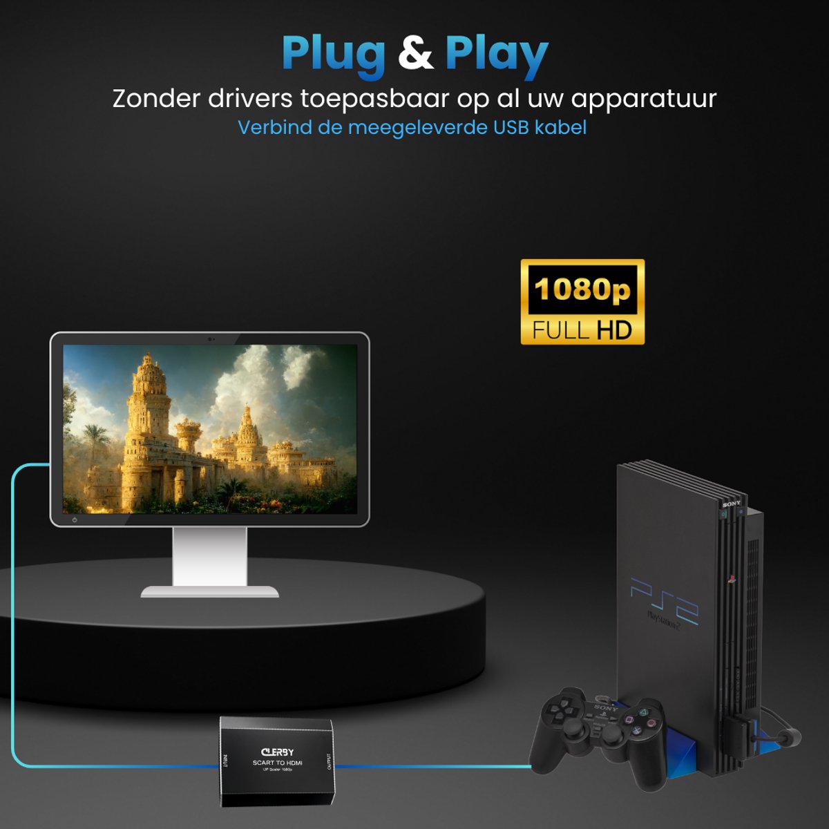 Een Sony PlayStation 2 met controller is aangesloten op een adapter, die op zijn beurt verbonden is met een monitor met een fantasy-landschap.