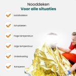 Nooddeken voor alle situaties. Geschikt als isolatie-, schuil-, en kampeerdeken bij hoge en lage temperaturen.