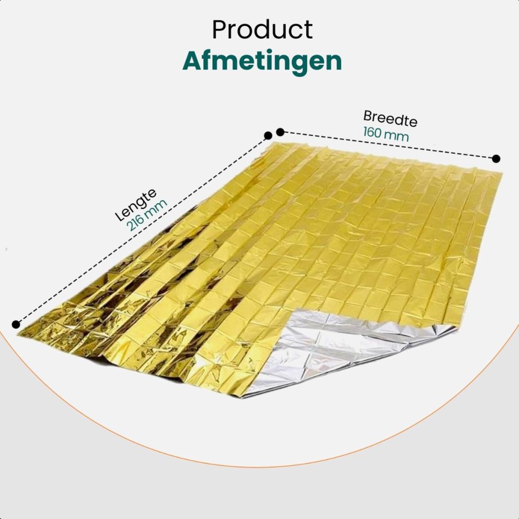 Afmetingen noodddeken: Lengte 216 mm, Breedte 160 mm. Goudkleurig aluminium PET.