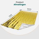 Afmetingen noodddeken: Lengte 216 mm, Breedte 160 mm. Goudkleurig aluminium PET.