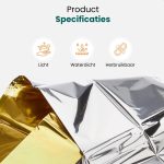 Gouden en zilveren noodddeken. Licht, waterdicht en herbruikbaar. Gemaakt van PET.