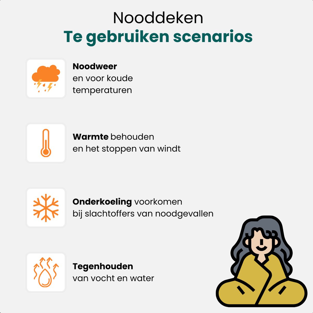 Nooddeken voor noodweer, kou, warmtebehoud en tegen onderkoeling. Beschermt tegen vocht en water.