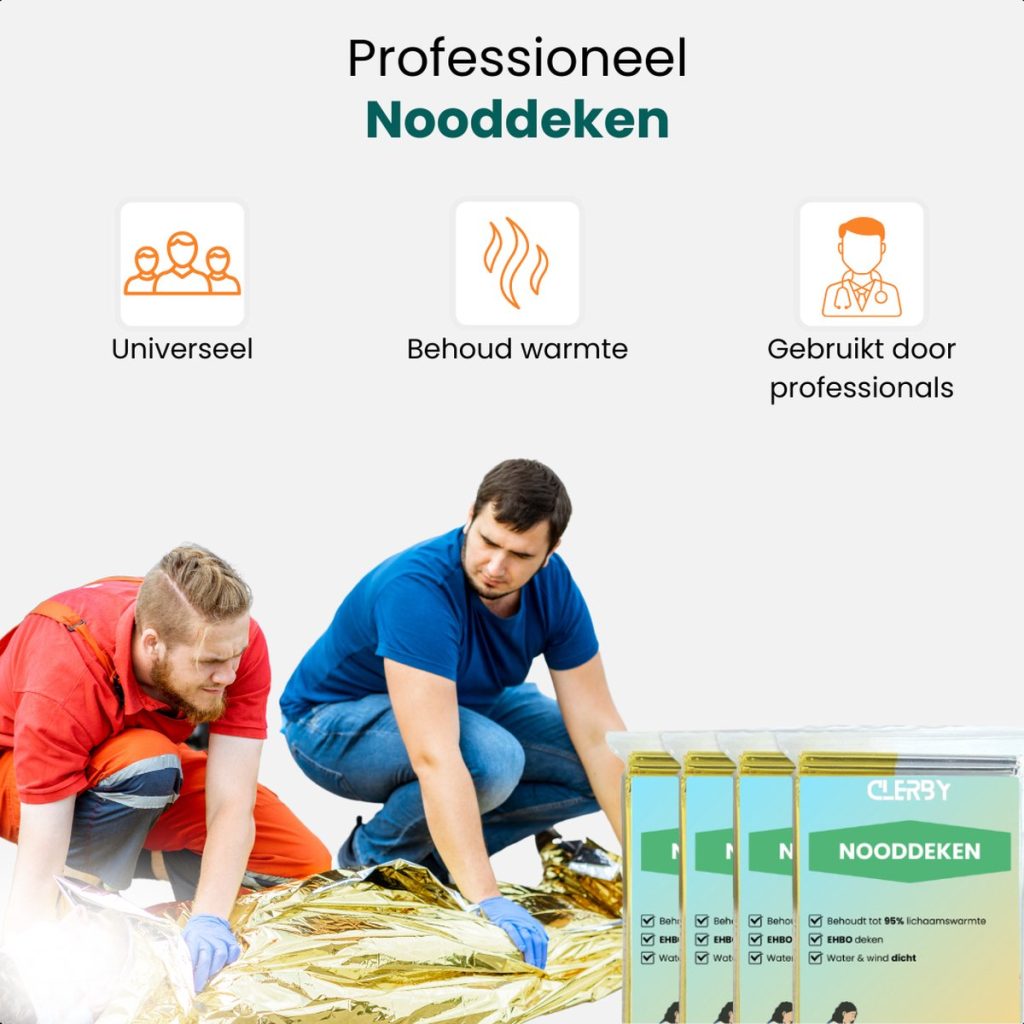 Professioneel noodddeken. Universeel, behoudt warmte, gebruikt door professionals. Goud/zilver.