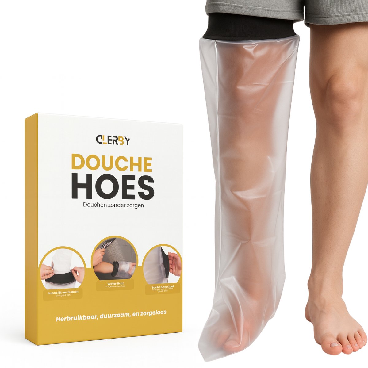 Doos van Clerby Douchehoes voor Been half - 65cm, met een afbeelding van een been in een doorzichtige hoes.