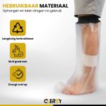 Doorzichtige douchehoes om een been, met icoontjes voor duurzaam herbruikbaar, sluit goed aan en droogt snel op.