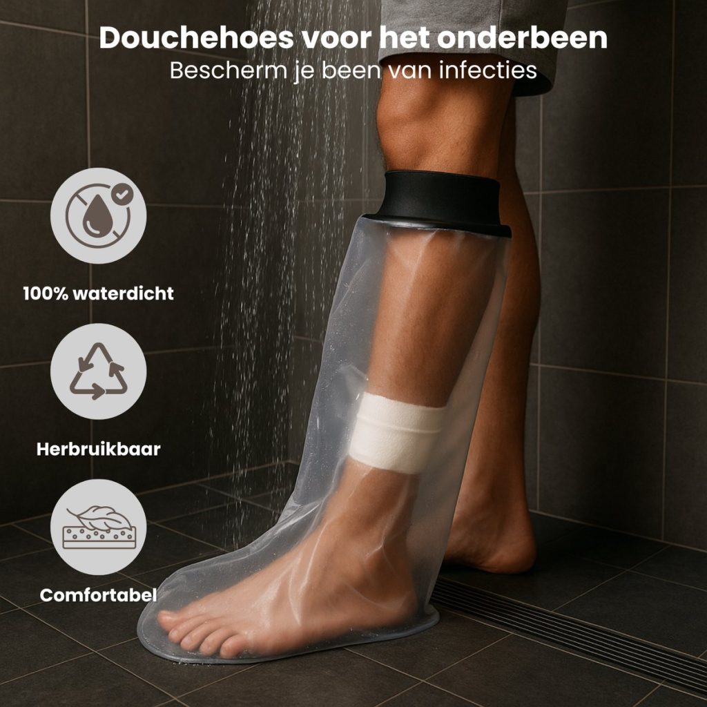 Doorzichtige waterdichte douchehoes om een been met verband, met icoontjes voor 100% waterdicht, herbruikbaar en comfortabel.