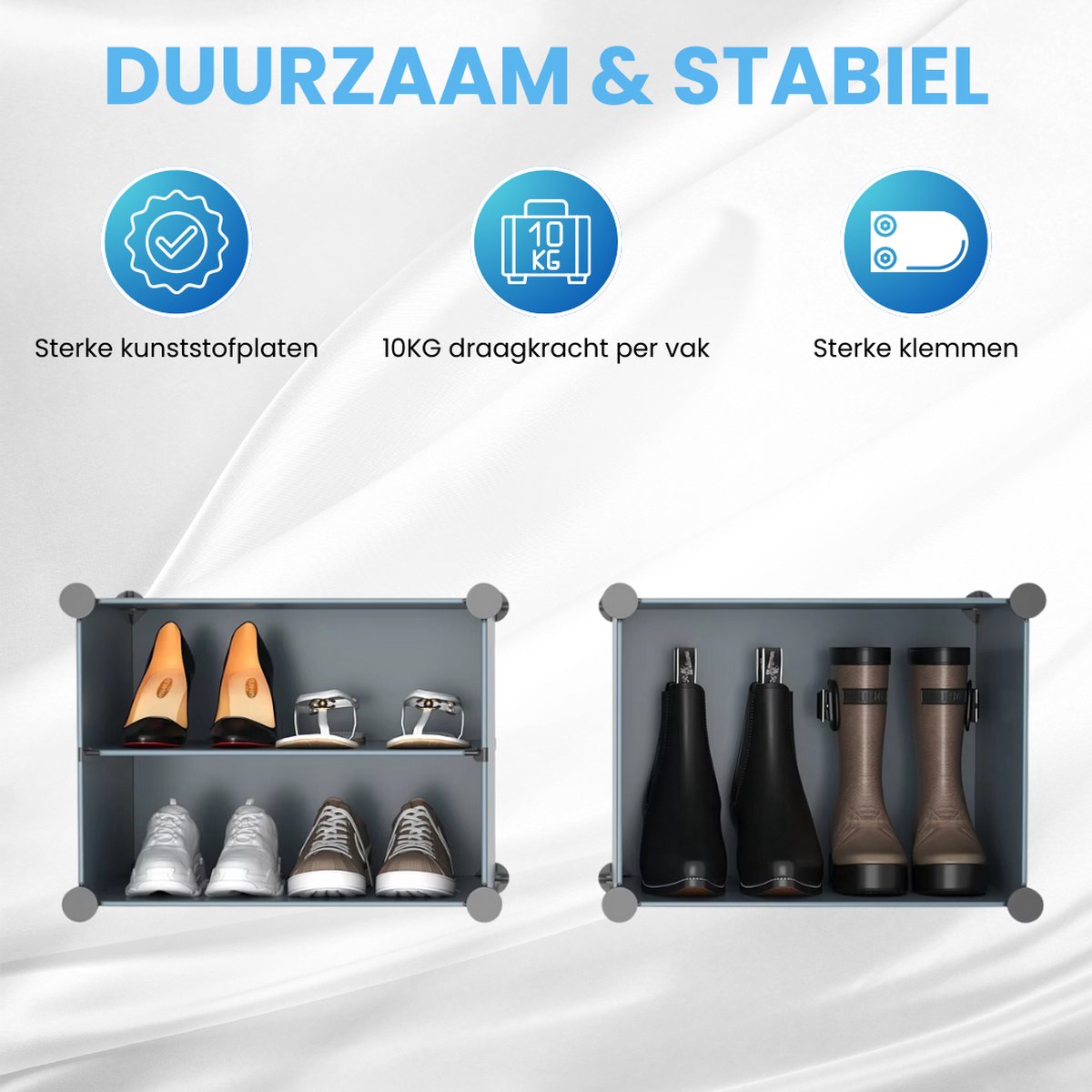 Twee grijze opbergsystemen. Links met schoenen en rechts met laarzen. Iconen met vinkje, 10kg en twee cirkels.