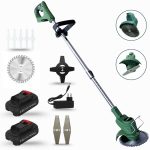 Groene elektrische grastrimmer met 2 accu's, lader, cirkelzaagblad, kruisblad, mesbladen en plastic bladen.