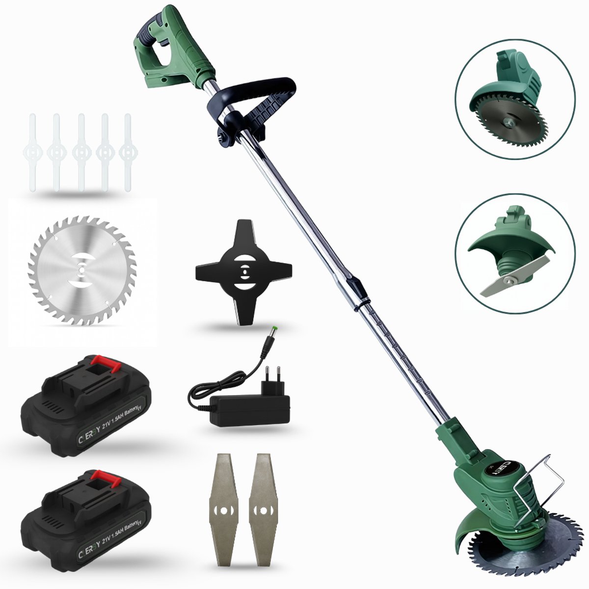 Groene elektrische grastrimmer met 2 accu's, lader, cirkelzaagblad, kruisblad, mesbladen en plastic bladen.