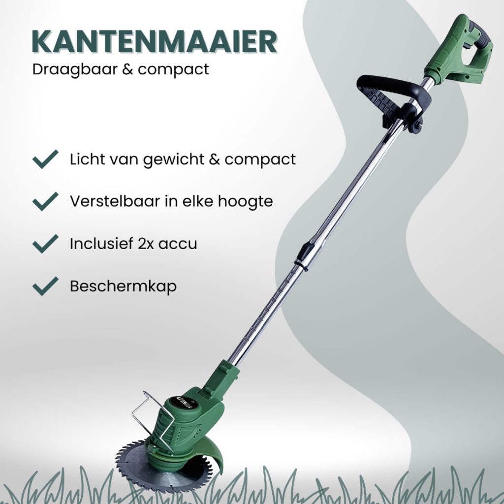 Groene draagbare grastrimmer met cirkelzaagblad; voordelen: lichtgewicht, compact, in hoogte verstelbaar, inclusief 2 accu's, beschermkap.