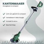 Groene draagbare grastrimmer met cirkelzaagblad; voordelen: lichtgewicht, compact, in hoogte verstelbaar, inclusief 2 accu's, beschermkap.