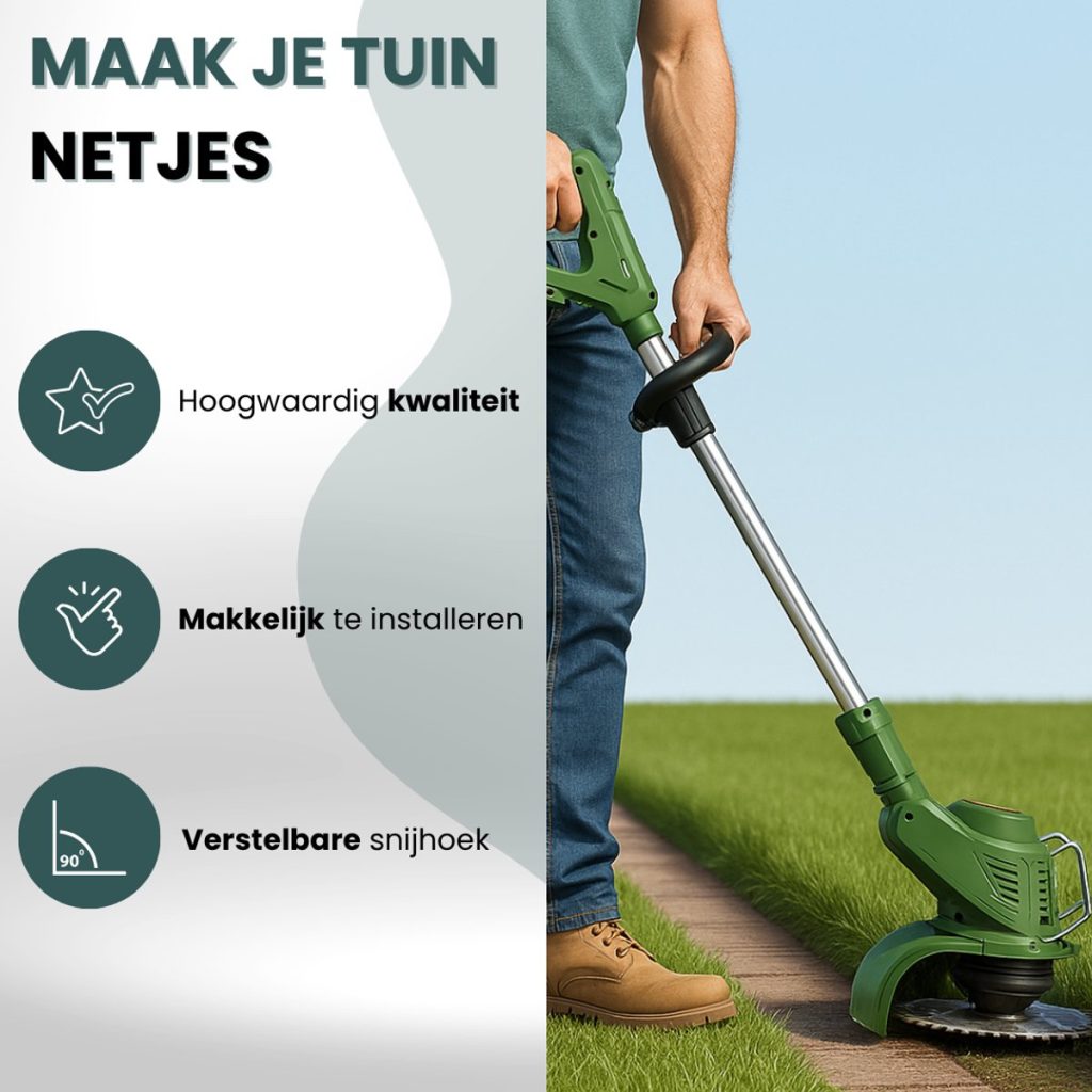 Man met spijkerbroek gebruikt groene grastrimmer; overige voordelen: hoge kwaliteit, makkelijk te installeren, verstelbare snijhoek.
