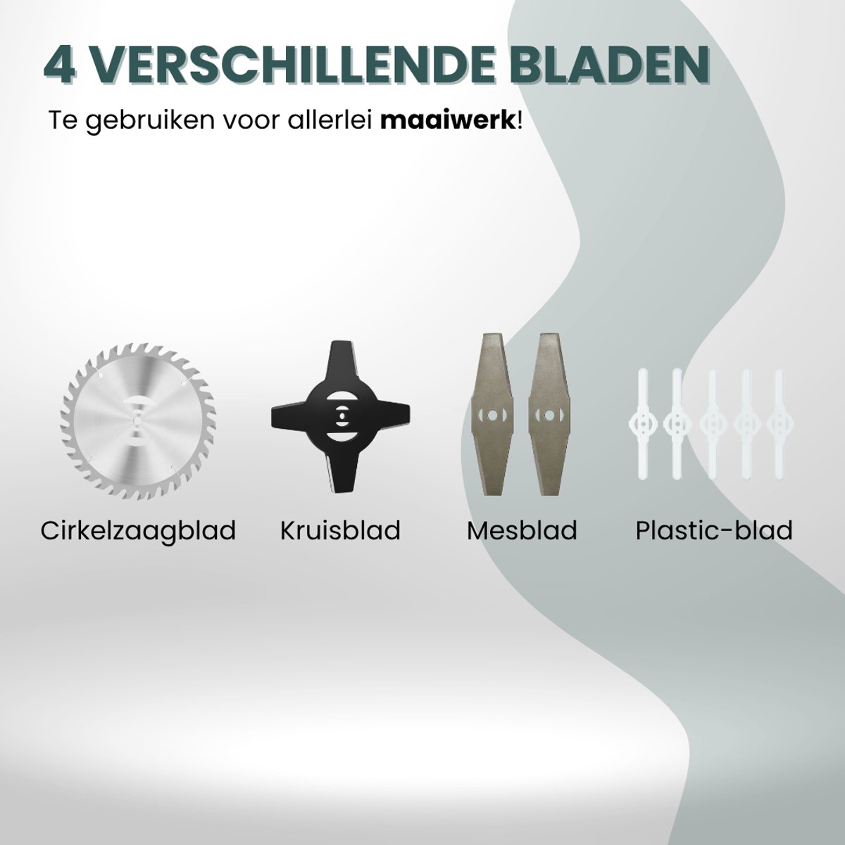 Vier maaibladen: cirkelzaagblad, kruisblad, mesbladen, plastic-blad.