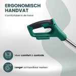 Groen ergonomisch handvat van een grastrimmer; meer comfort & controle, langer achterelkaar werken.