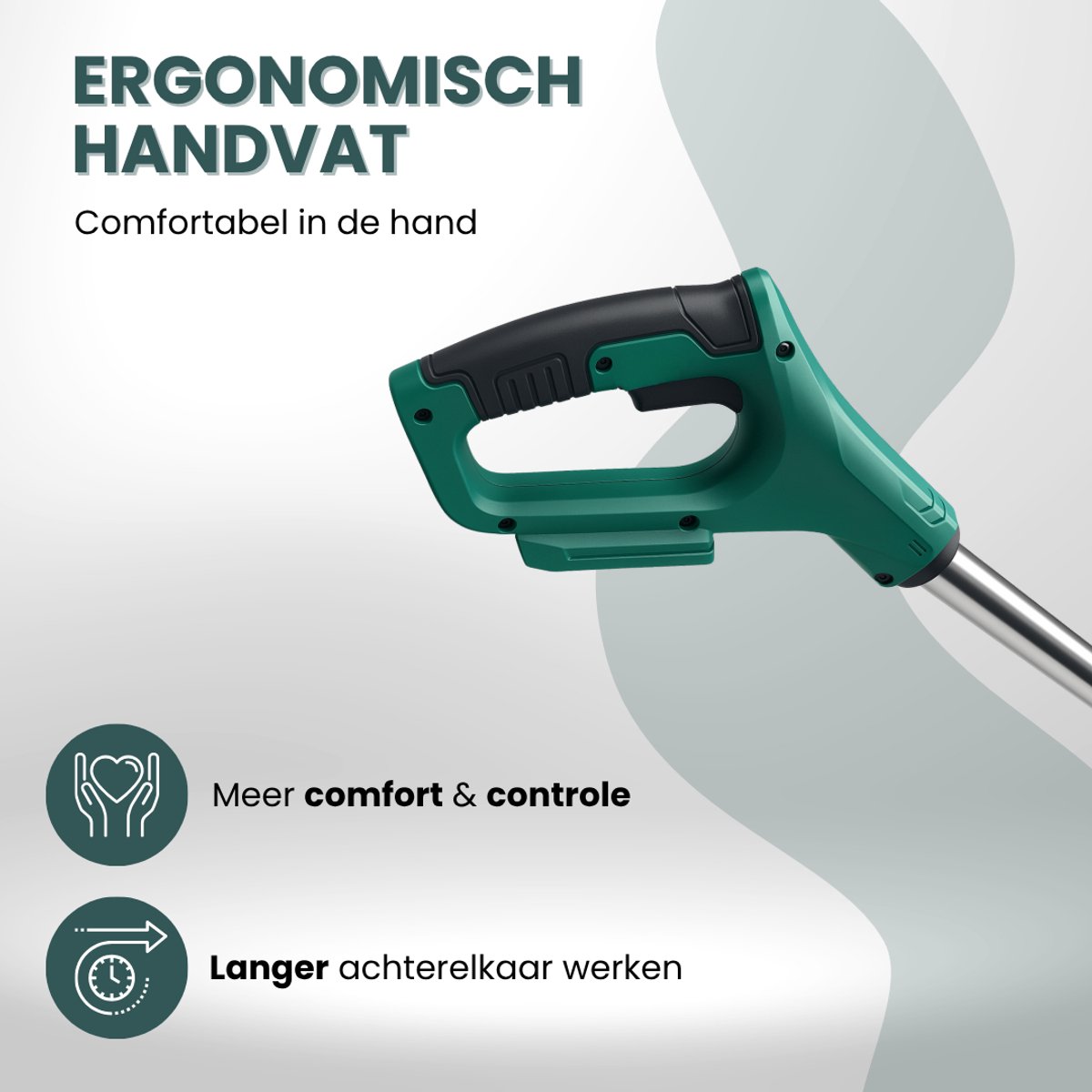 Groen ergonomisch handvat van een grastrimmer; meer comfort & controle, langer achterelkaar werken.