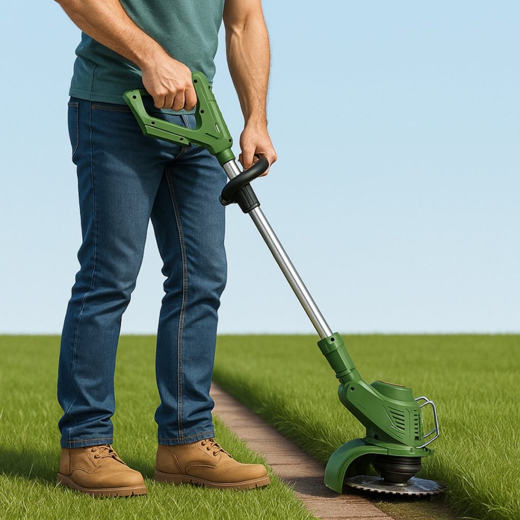Man met spijkerbroek en bruine schoenen gebruikt een groene grastrimmer op het gras.