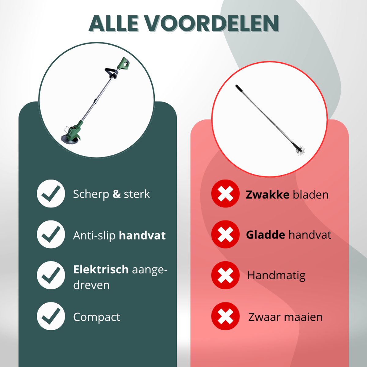 Vergelijking van grasmaaier met scherpe, sterke, anti-slip, elektrische, compacte bladen tegenover zwakke, gladde, handmatige, zware bladen.