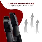 Zwarte schoenendroger met OZON+ warmtecirculatie, voor het verwijderen van nattigheid en geuren.