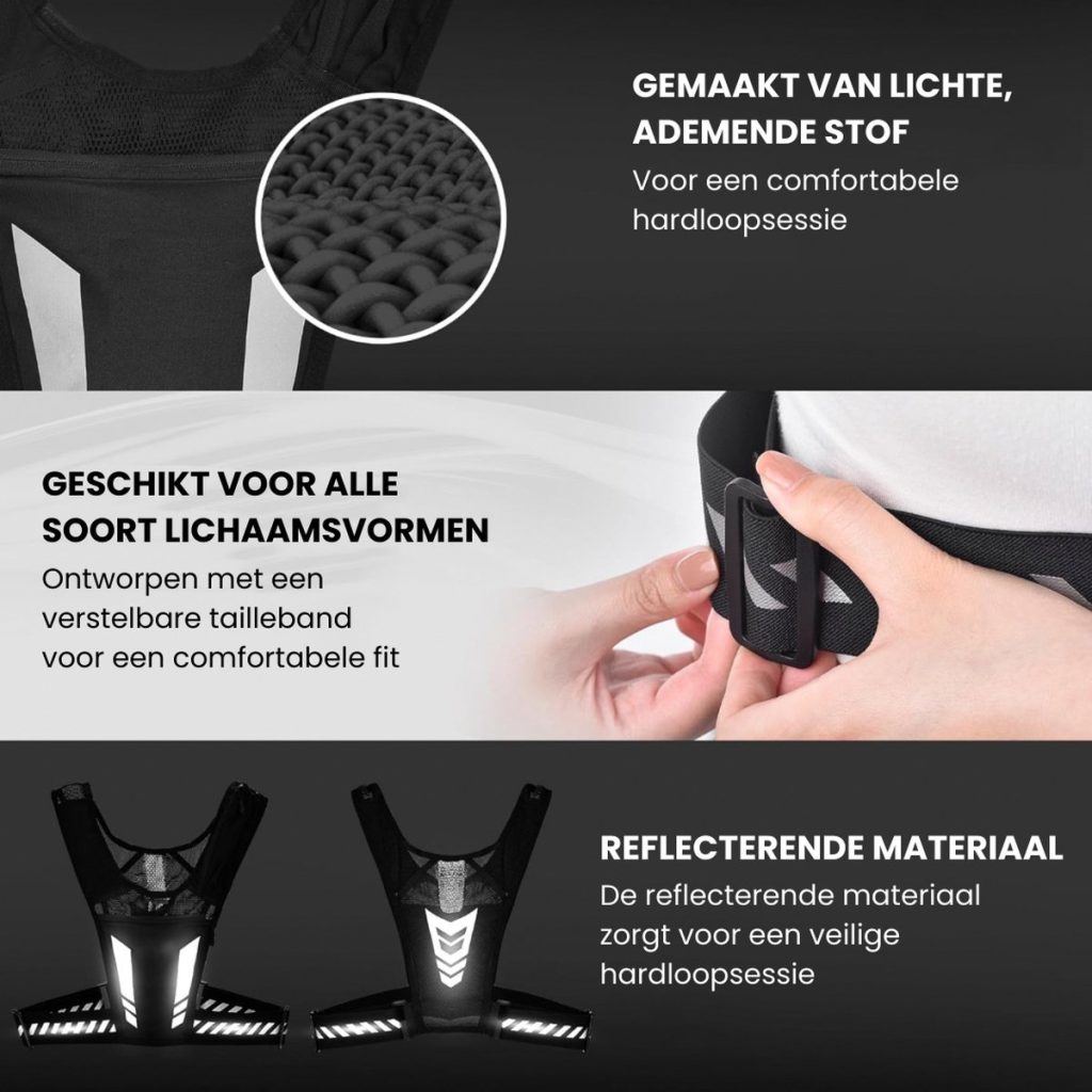 Gedetailleerde weergave van ademend mesh materiaal en reflecterende strepen op een zwart loopvest. Toont verstelbare tailleband voor comfort.