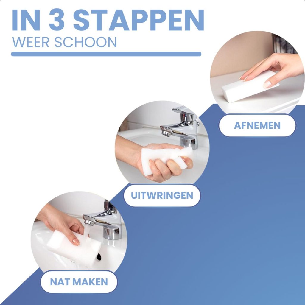 Stappenplan: nat maken, uitwringen, afnemen van de wonderspons voor het schoonmaken.