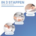 Stappenplan: nat maken, uitwringen, afnemen van de wonderspons voor het schoonmaken.