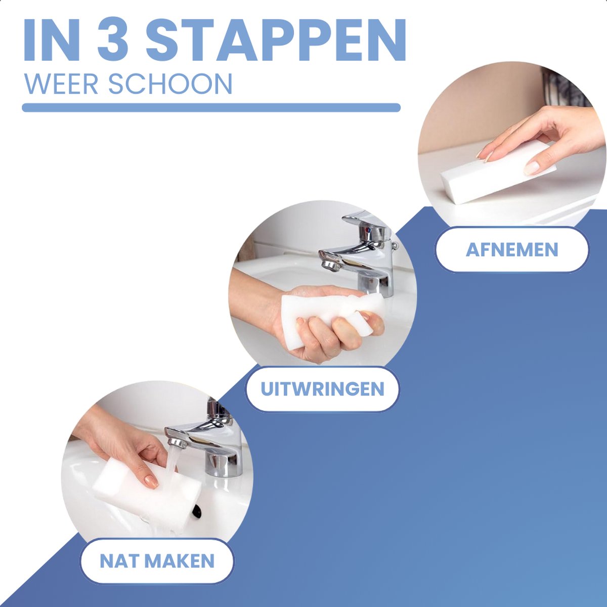 Stappenplan: nat maken, uitwringen, afnemen van de wonderspons voor het schoonmaken.