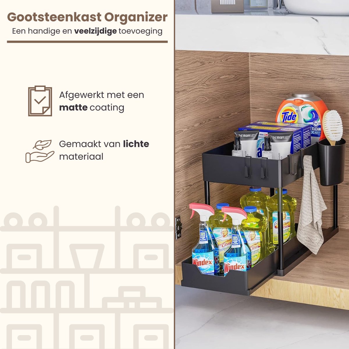 Zwarte, tweelaagse gootsteenkast organizer, gevuld met schoonmaakproducten, geplaatst in een houten kast onder een gootsteen, met matte coating.