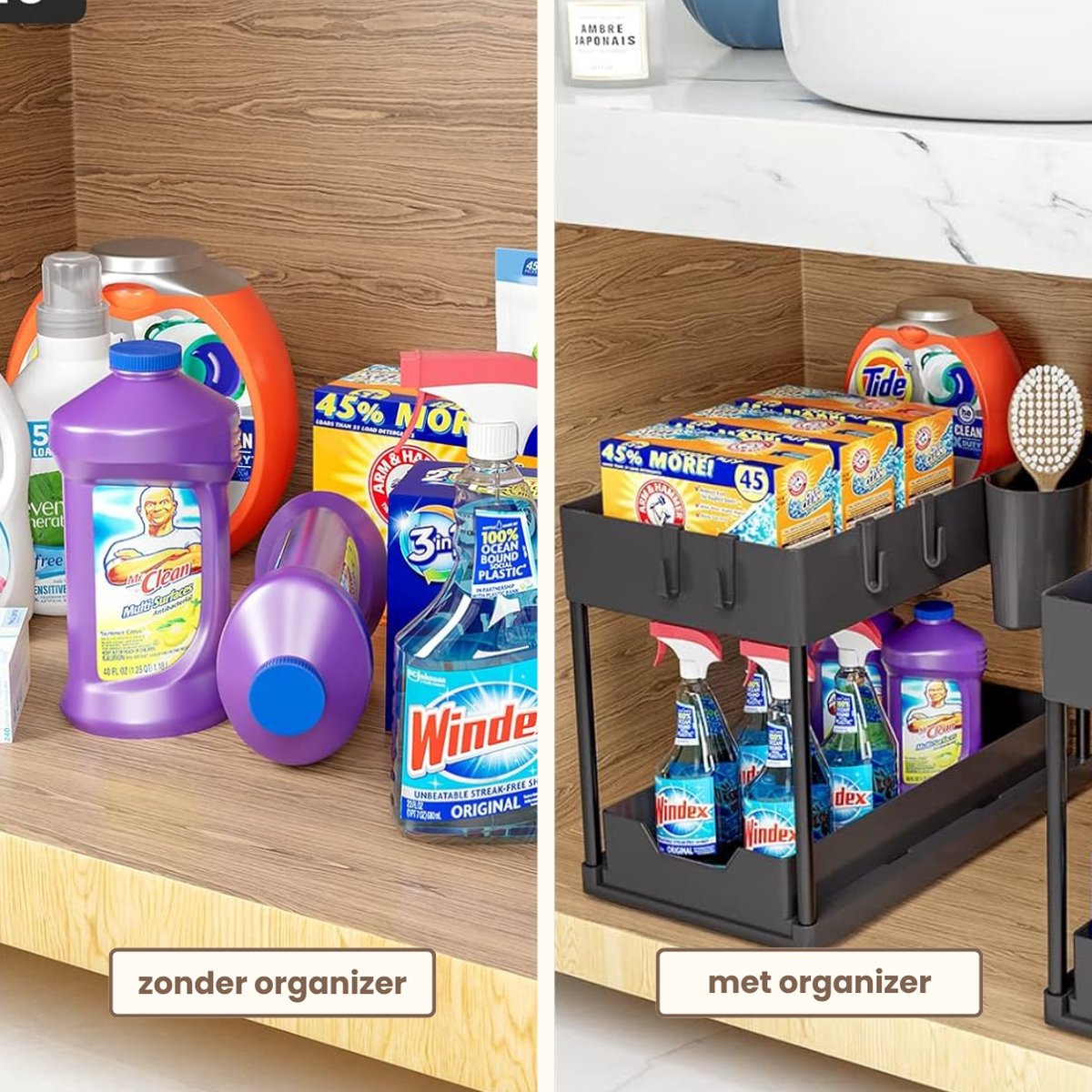 Vergelijking van een rommelige kast met schoonmaakproducten links en een opgeruimde kast met een zwarte, tweelaagse organizer rechts.