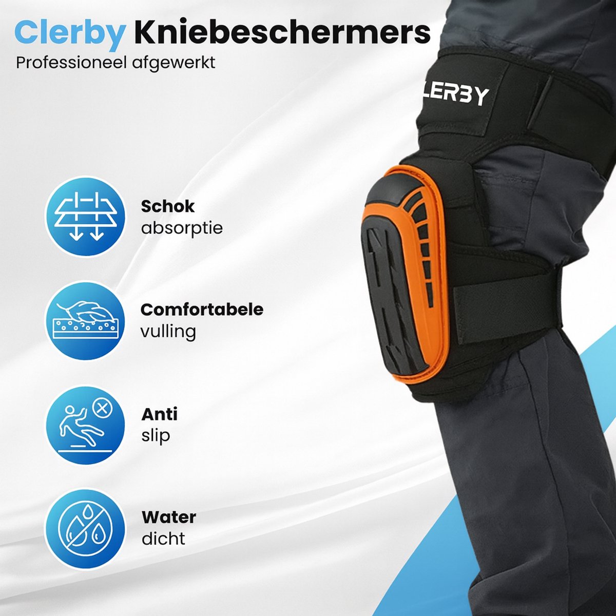 Close-up van een kniebeschermer met oranje en zwart ontwerp, met icoontjes voor schokabsorptie, comfort, anti-slip en waterdicht.