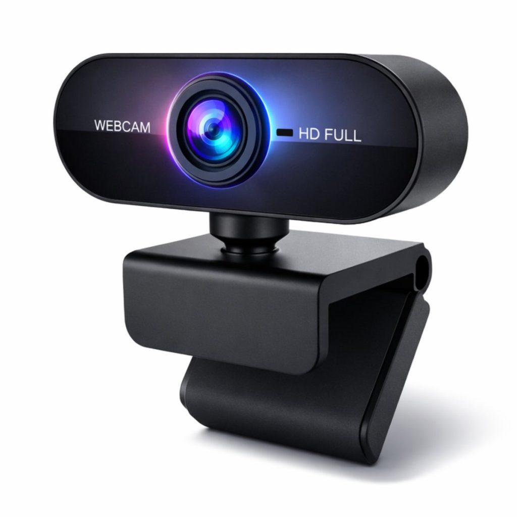 Stilleven van een zwarte webcam, "WEBCAM HD FULL", met een lens die gekleurd licht reflecteert.