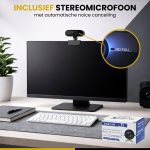 Webcam met ingebouwde stereomicrofoon met ruisonderdrukking, gemonteerd op een monitor. "INCLUSIEF STEREOOMICROFOON met automatische noise cancelling"