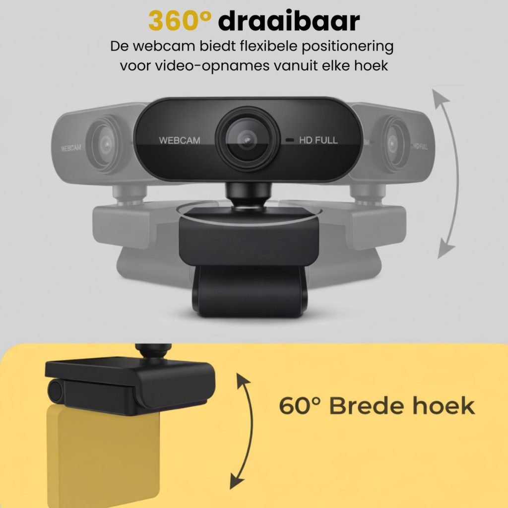 Zwarte webcam in verschillende posities. Tekst "360° draaibaar", "De webcam biedt flexibele positionering voor video-opnames vanuit elke hoek", "60° Brede hoek".