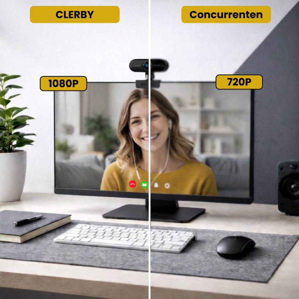 Vergelijking van een "CLERBY" 1080P webcam met die van "Concurrerenten" 720P, met een lachende vrouw in beeld.