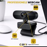 Zwarte webcam met "1080p FULL HD Camera" op een verstelbare standaard. "360° roteerbaar" en "Ingebouwde microfoon".