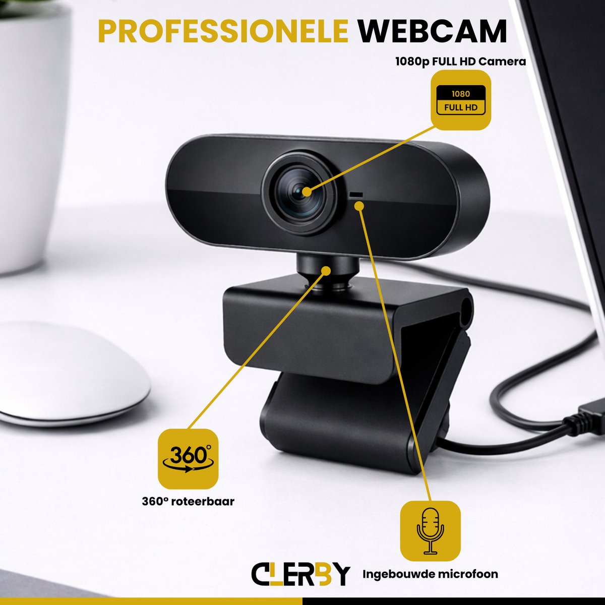 Zwarte webcam met "1080p FULL HD Camera" op een verstelbare standaard. "360° roteerbaar" en "Ingebouwde microfoon".