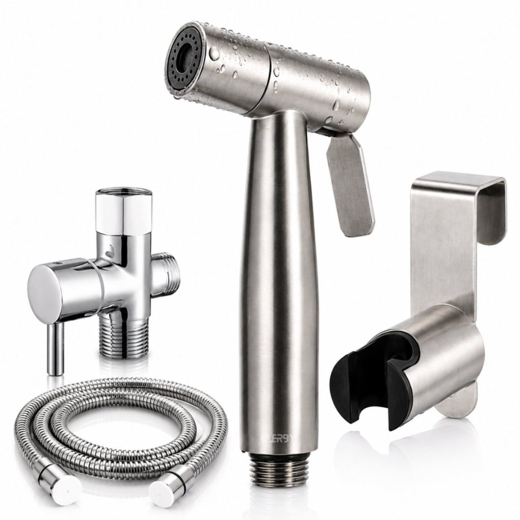 Een RVS bidetdouche set, bestaande uit sproeikop, T-adapter, 120 cm slang en ophangbeugel, met waterdruppels.