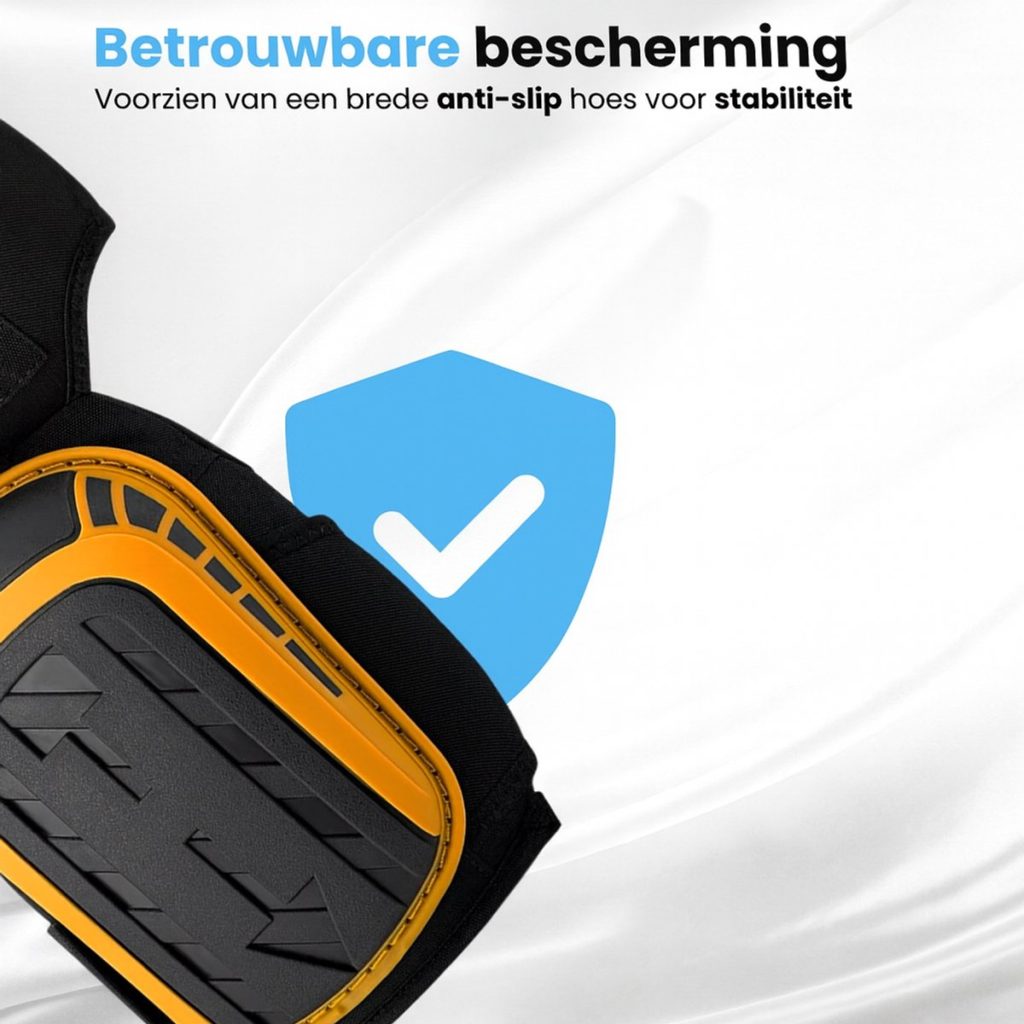 Zwarte kniebeschermers met oranje accenten en een blauw schild met vinkje. Biedt betrouwbare bescherming.