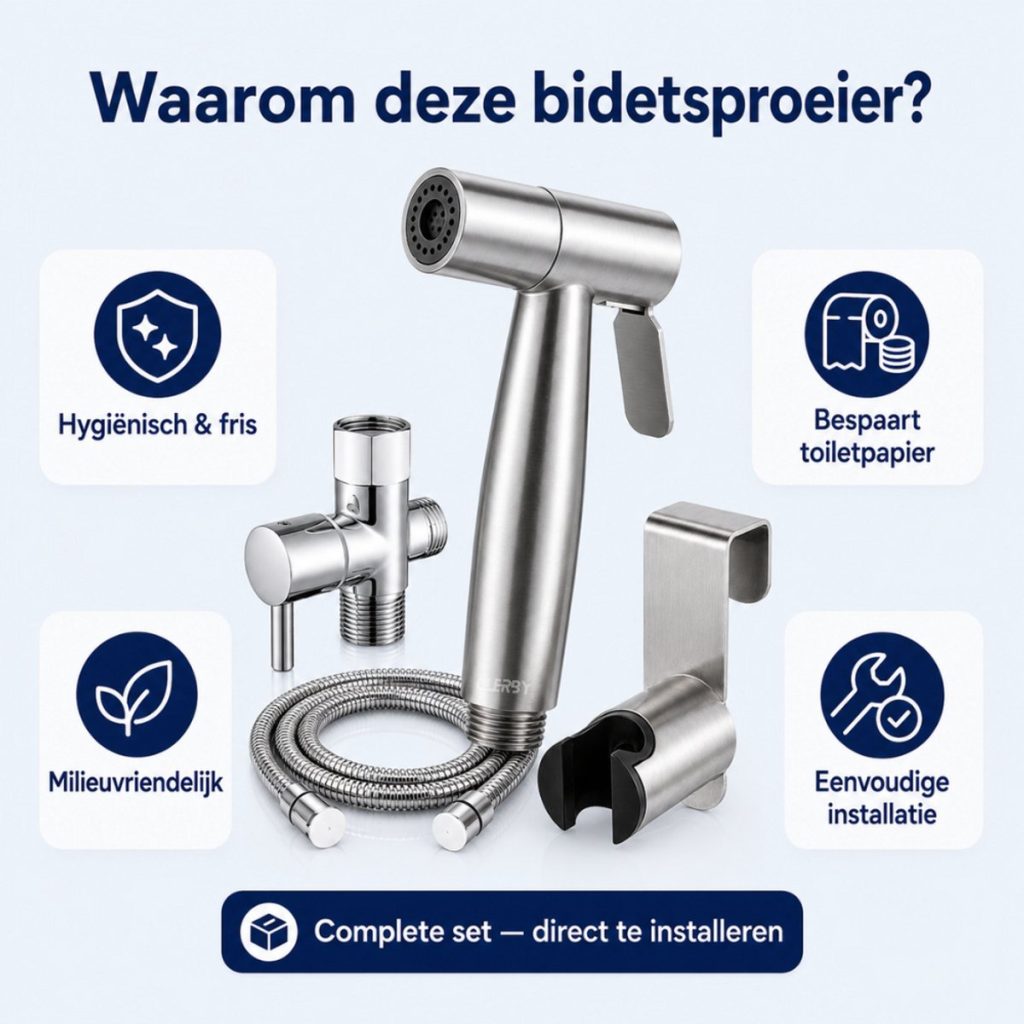Overzicht van de Clerby bidetdouche set met iconen voor hygiëne, milieuvriendelijkheid, toiletpapier besparing en installatie.