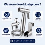 Overzicht van de Clerby bidetdouche set met iconen voor hygiëne, milieuvriendelijkheid, toiletpapier besparing en installatie.