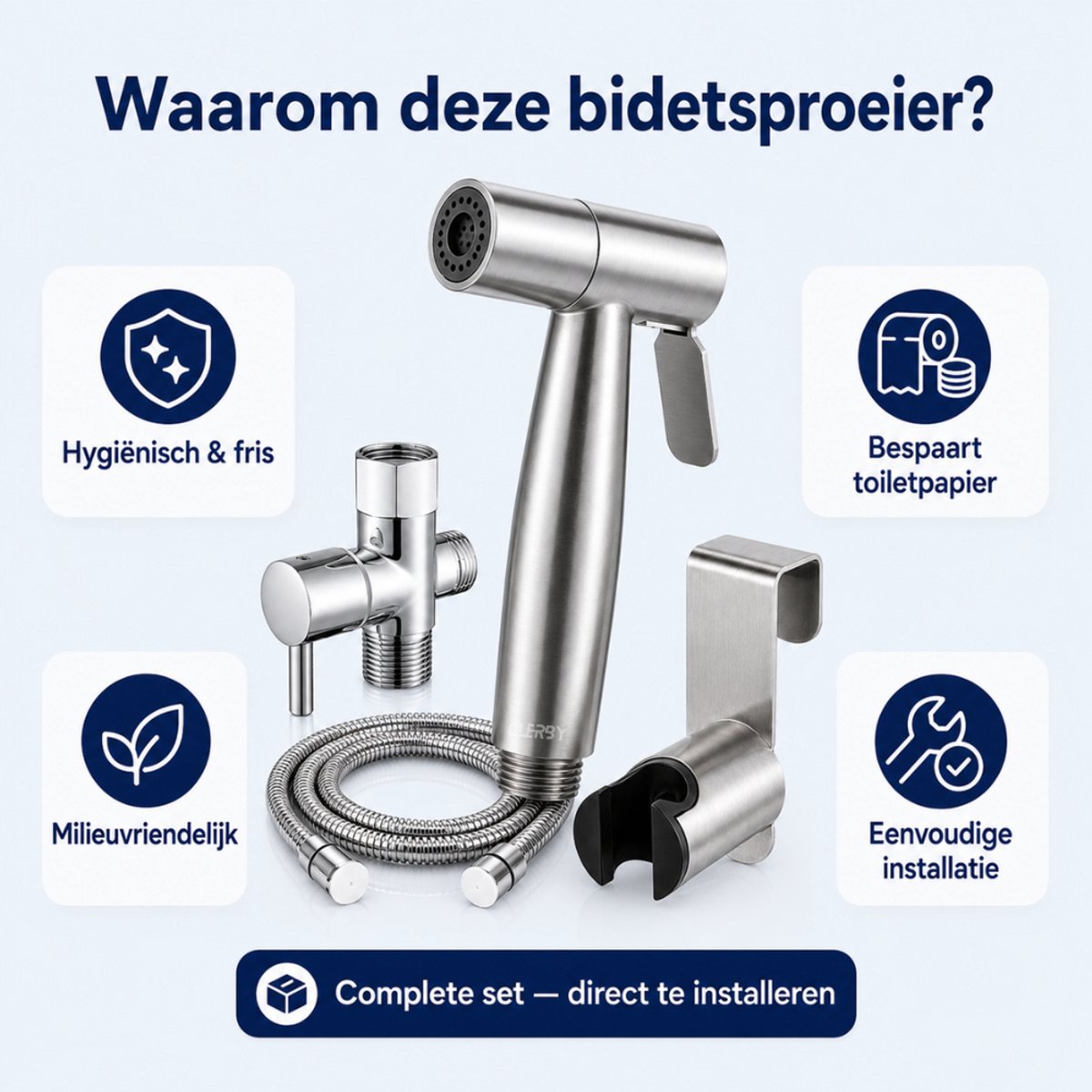 Overzicht van de Clerby bidetdouche set met iconen voor hygiëne, milieuvriendelijkheid, toiletpapier besparing en installatie.