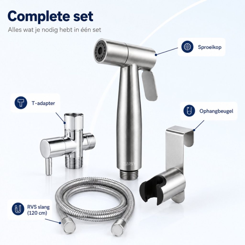 Complete RVS bidetdouche set, bestaande uit sproeikop, T-adapter, 120 cm slang en ophangbeugel.