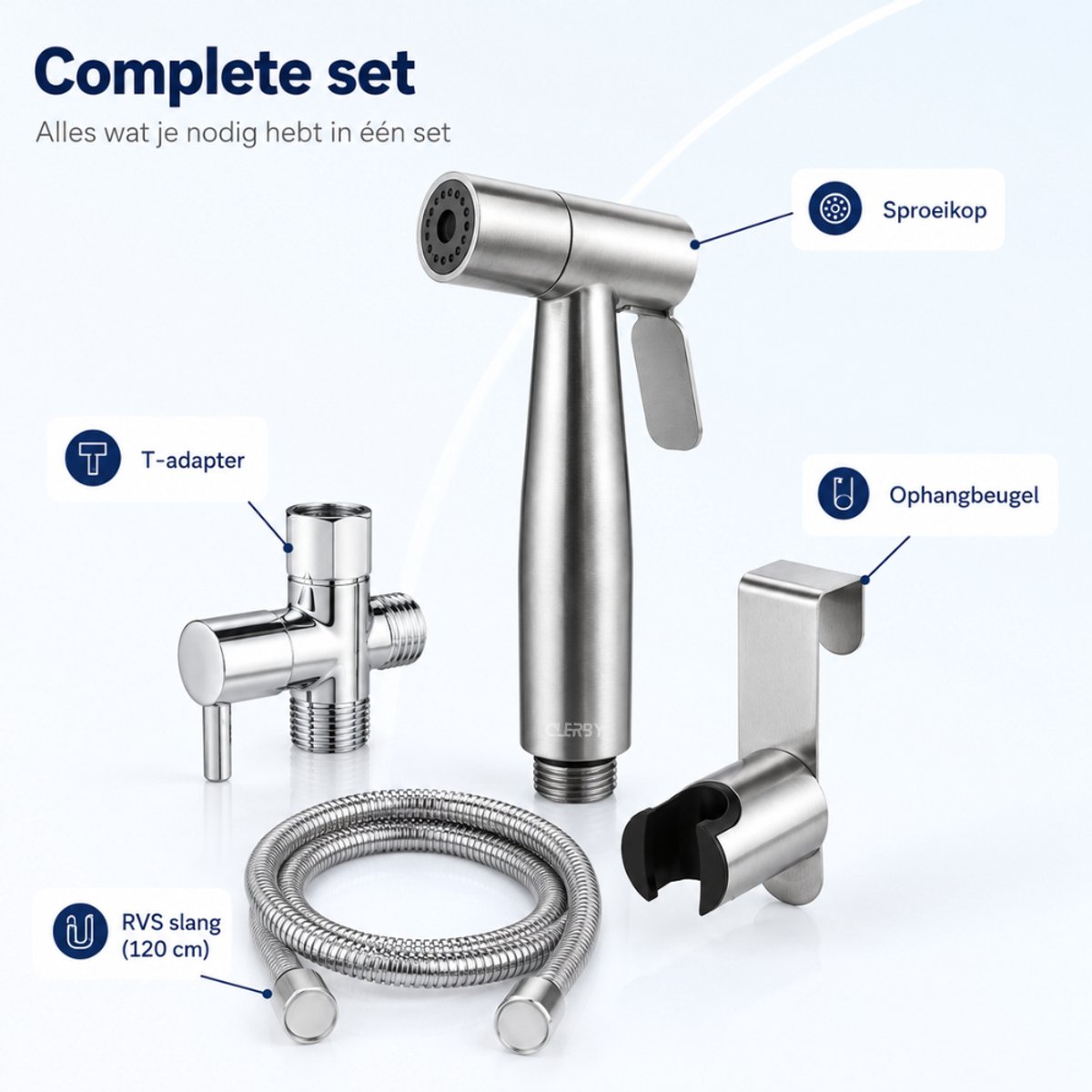 Complete RVS bidetdouche set, bestaande uit sproeikop, T-adapter, 120 cm slang en ophangbeugel.