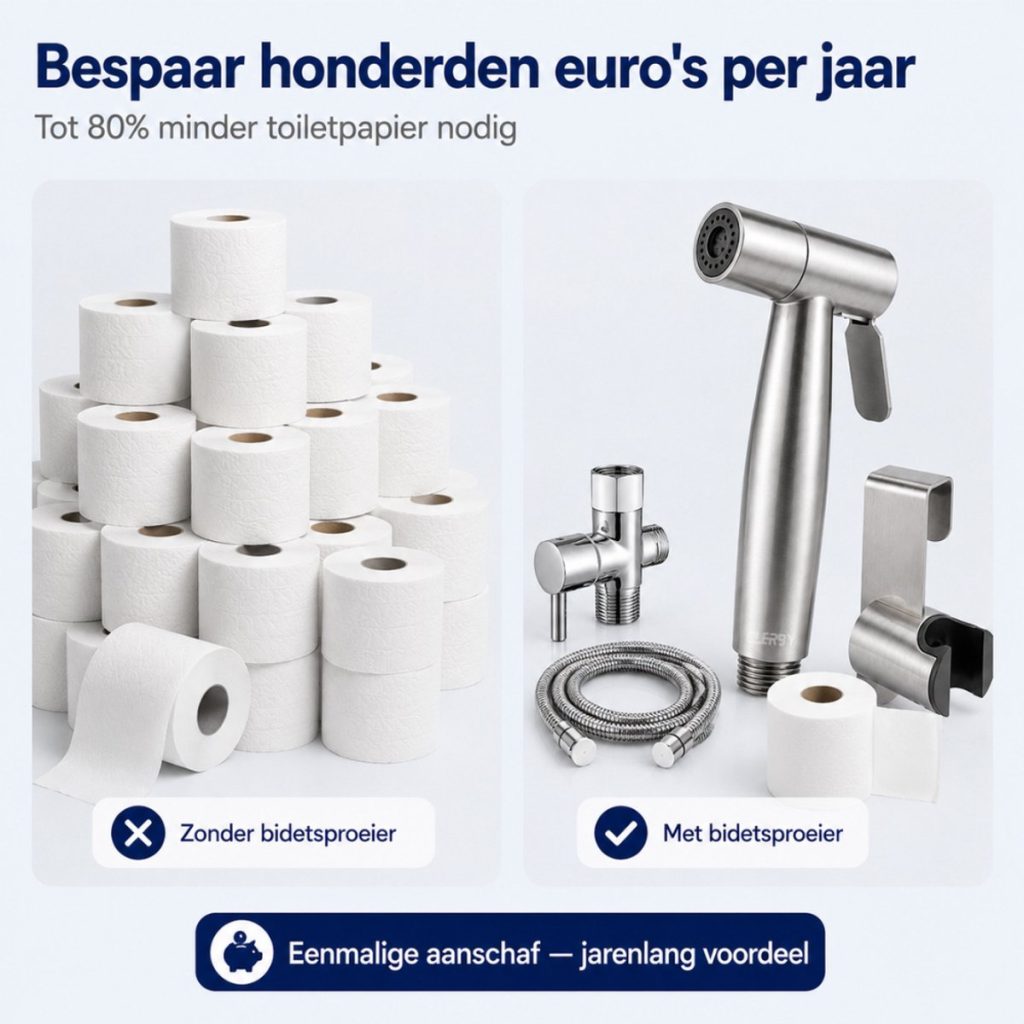 Vergelijking: stapel toiletpapier zonder bidetsproeier vs. complete bidetdouche set met een rol toiletpapier.