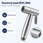 RVS 304 bidetsproeier, roestbestendig, lekvrij en duurzaam, met gedetailleerde weergave van de sproeikop.