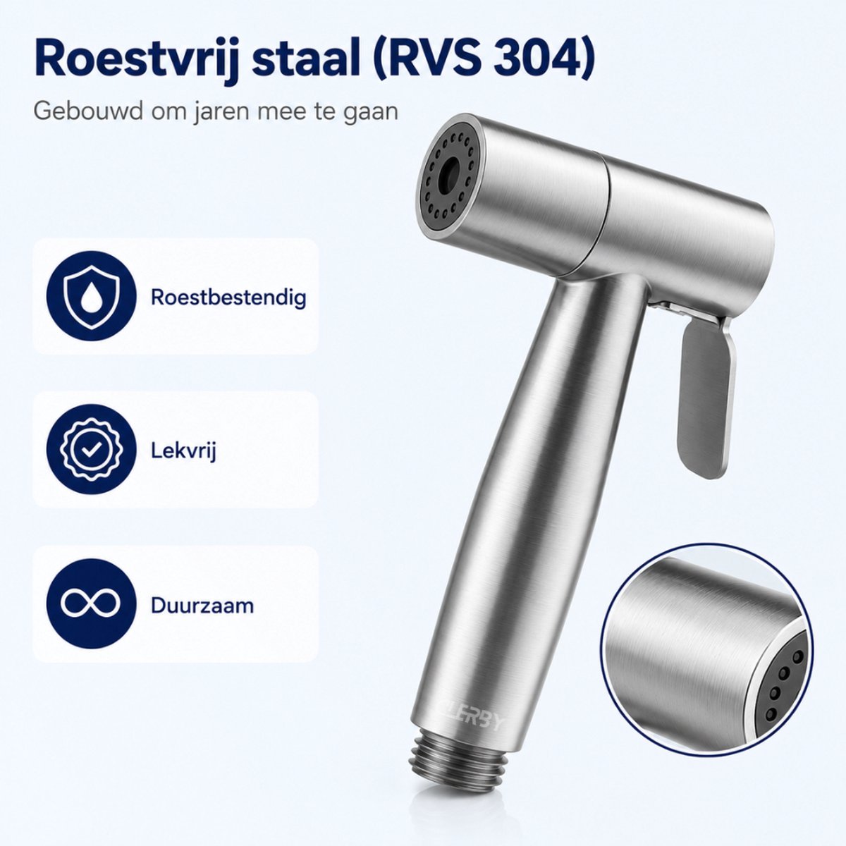 RVS 304 bidetsproeier, roestbestendig, lekvrij en duurzaam, met gedetailleerde weergave van de sproeikop.