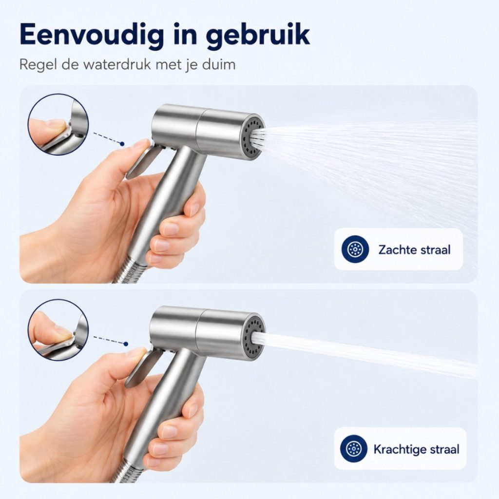 Hand wordt getoond die bidetsproeier bedient, met uitleg van zachte en krachtige straal.